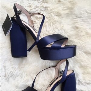 NWT Zara Navy Satin Platform Heels